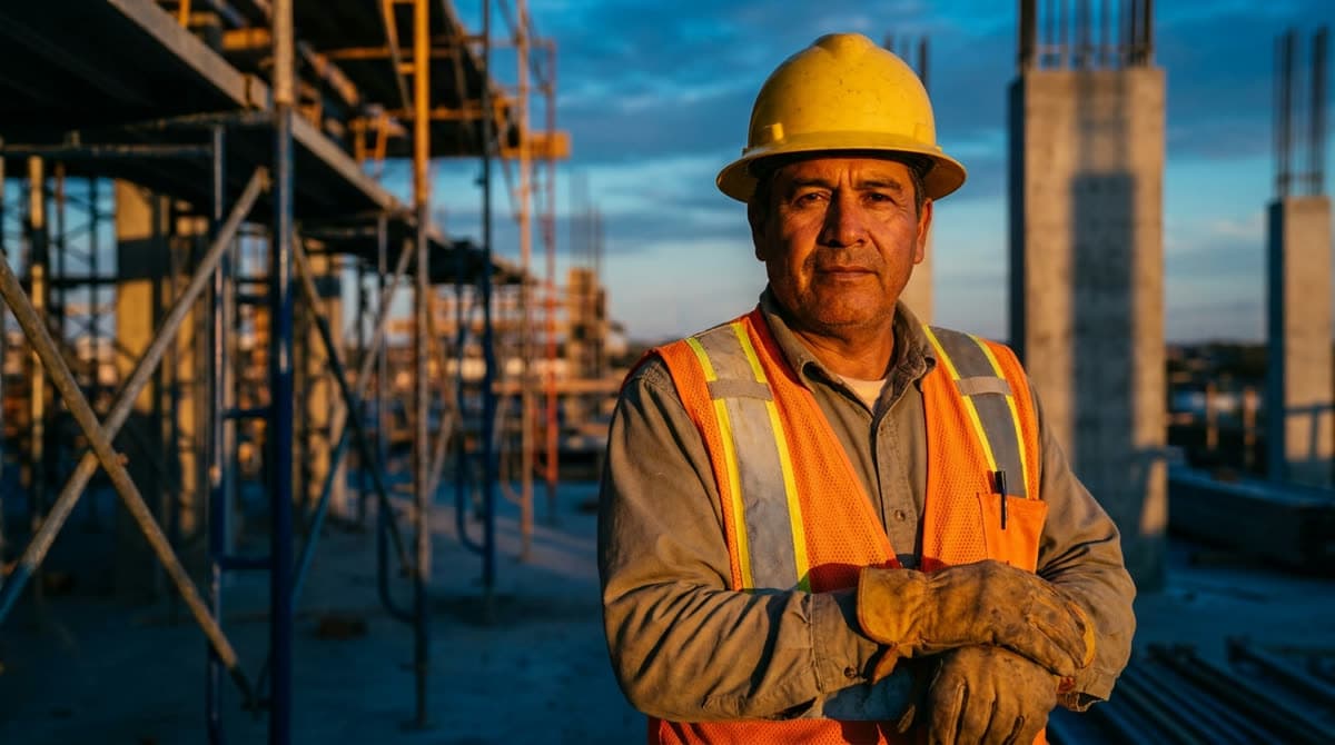Trabajador de construcción hispano con casco de seguridad en una obra en Texas / Hispanic construction worker with a hard hat at a Texas job site