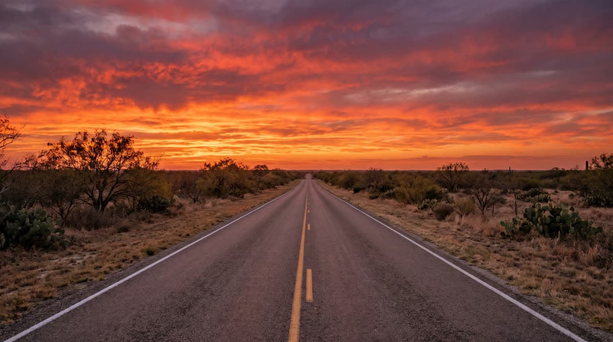 The empty stretch of US-83 highway near Catarina, Texas at dusk