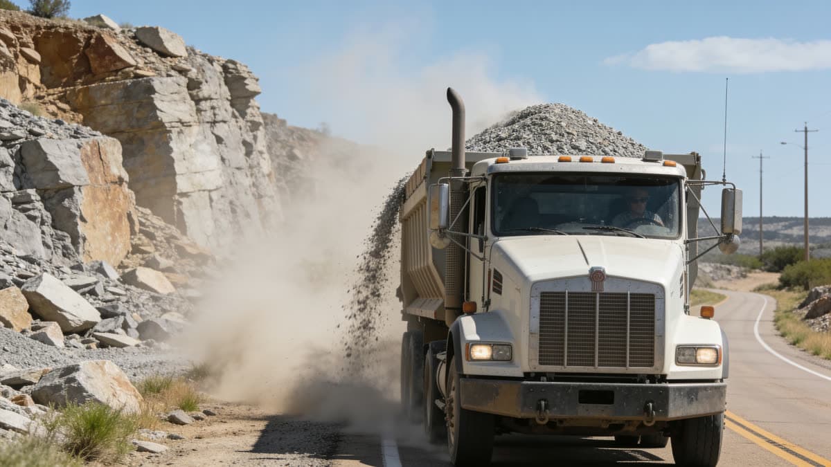 US-90 highway near Knippa, Texas with heavy quarry truck traffic