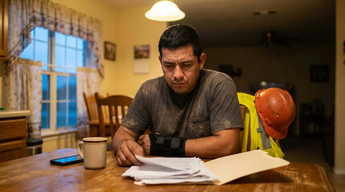Trabajador con la muñeca vendada revisa papeles en la mesa de su cocina al anochecer / A worker with a wrist brace reviews papers at his kitchen table at dusk