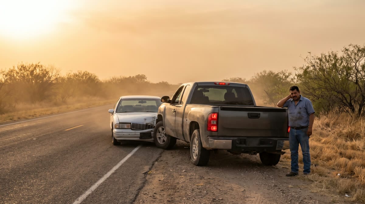 Camioneta chocada por detrás por un sedán en una carretera del sur de Texas al atardecer / Pickup truck rear-ended by a sedan on a South Texas highway at sunset