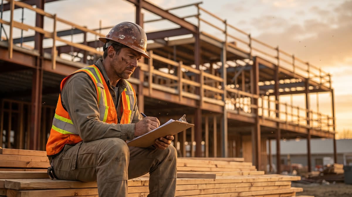 Construction worker in a hard hat reviewing paperwork at a job site / Trabajador de construcción con casco revisando documentos en una obra