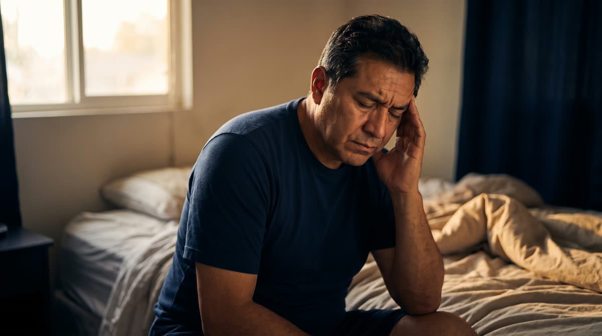 Persona sentada en la cama con dolor de cabeza días después de un accidente / Person sitting on a bed with a headache days after an accident
