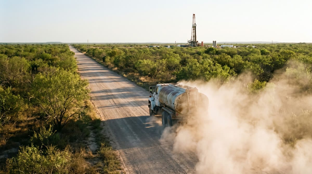 TX-85 highway crossing the Eagle Ford brush country near Big Wells, Texas
