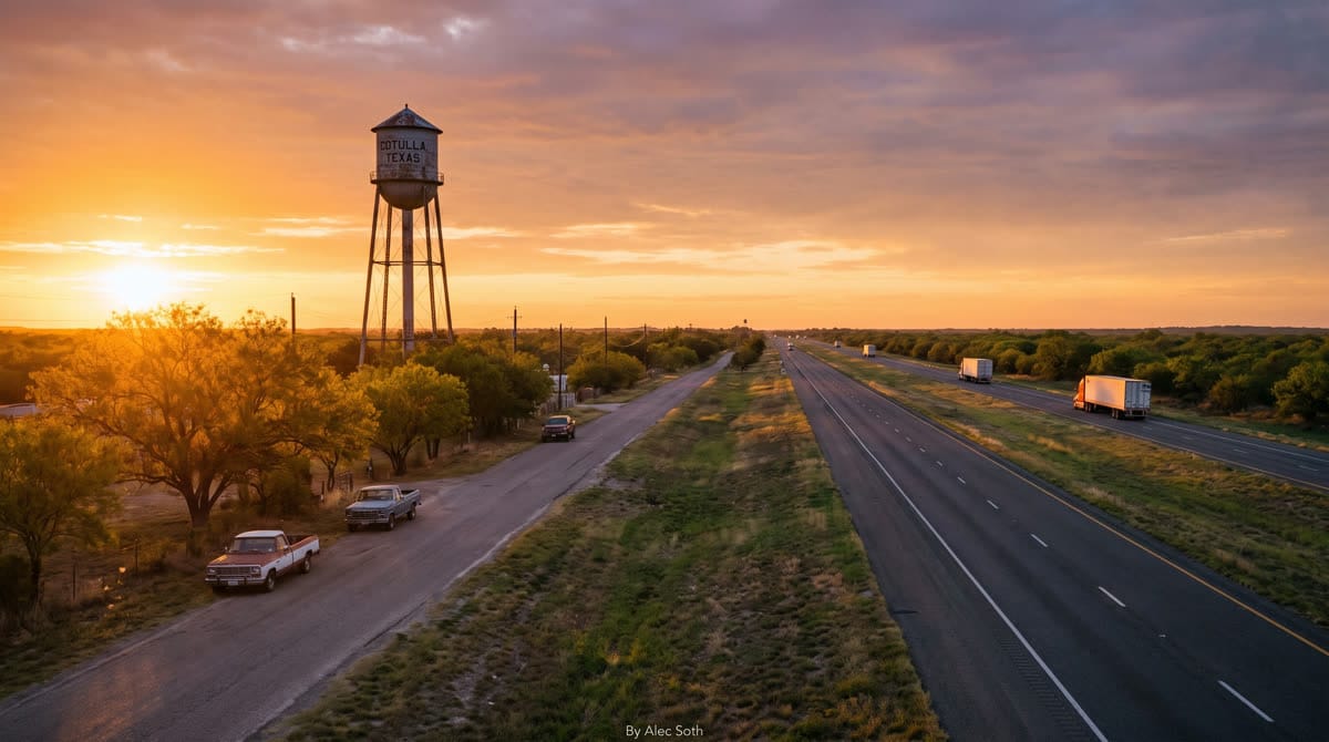 Interstate 35 passing through Devine, Texas where US-57 joins the freight corridor