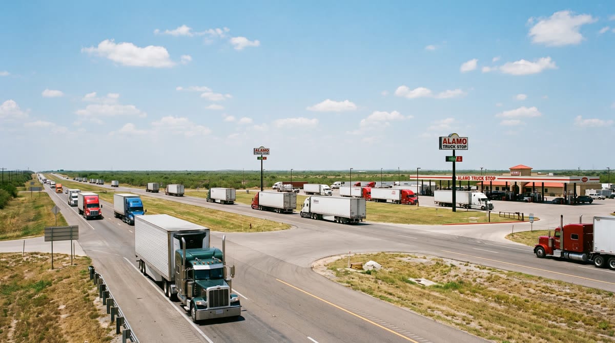 Interstate 35 and the US-83 junction near Encinal, Texas with heavy truck traffic