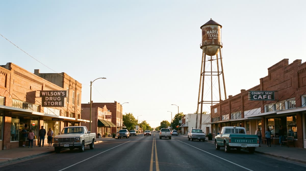 US-90 highway running through Hondo, Texas at golden hour
