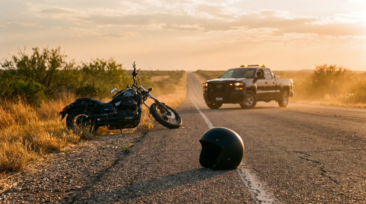 Motorcycle down on a South Texas highway with a helmet on the asphalt / Motocicleta caída en una carretera del sur de Texas, con un casco en el asfalto