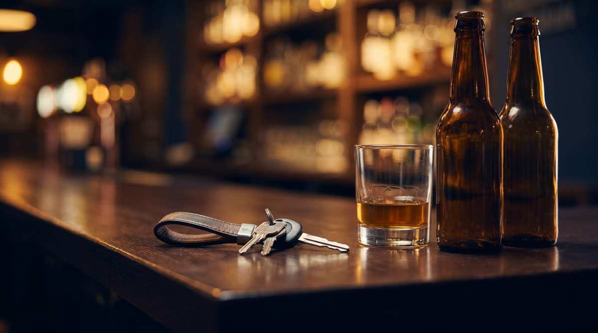 Llaves de auto junto a un vaso de bebida alcohólica en la barra de un bar / Car keys next to an alcoholic drink on a bar counter