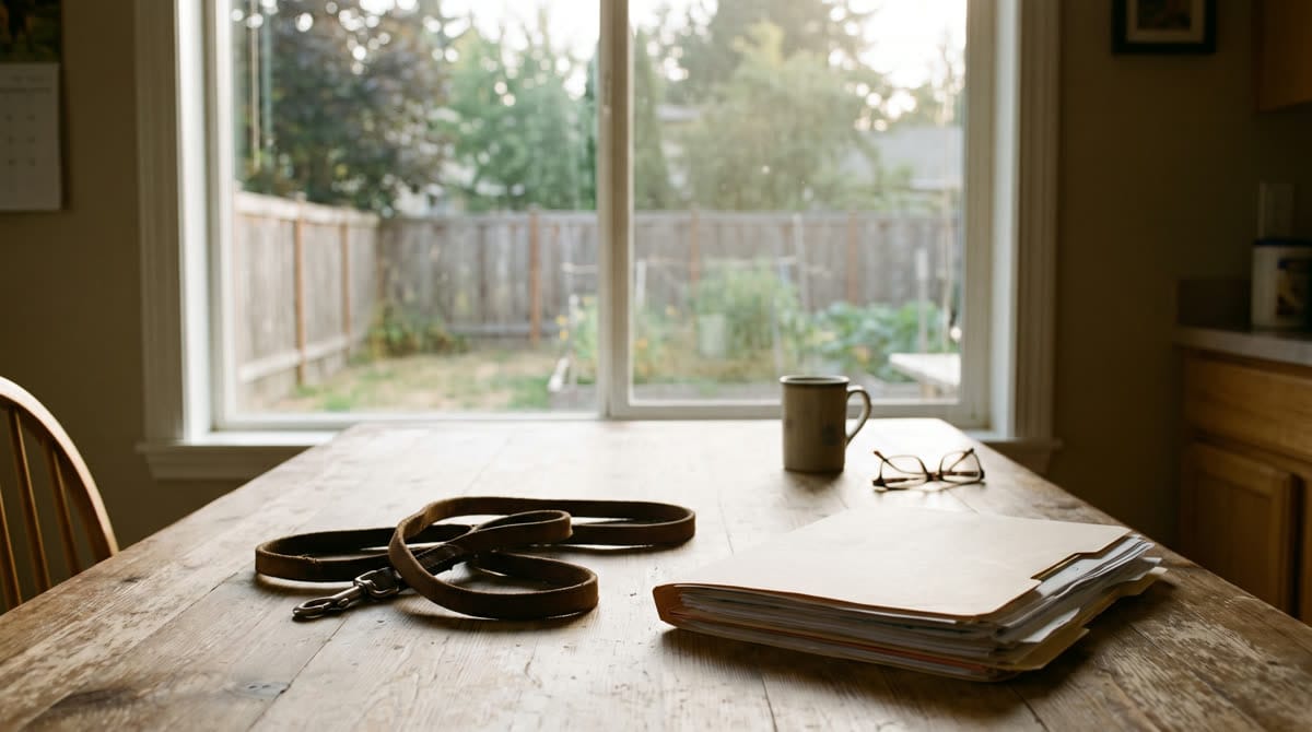 Correa de perro y documentos sobre una mesa en una casa tranquila / A dog leash and paperwork on a table in a quiet home
