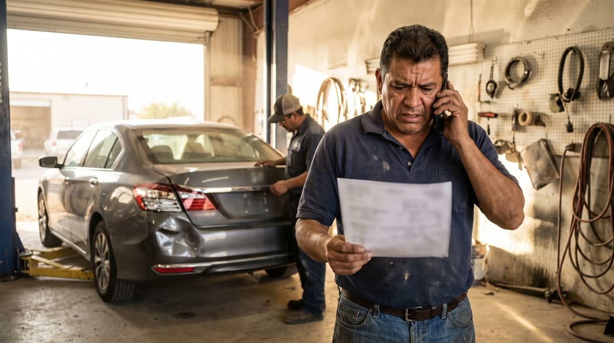 Hombre en un taller de hojalatería habla por teléfono con el presupuesto de reparación en la mano / A man at an auto body shop on the phone holding a repair estimate