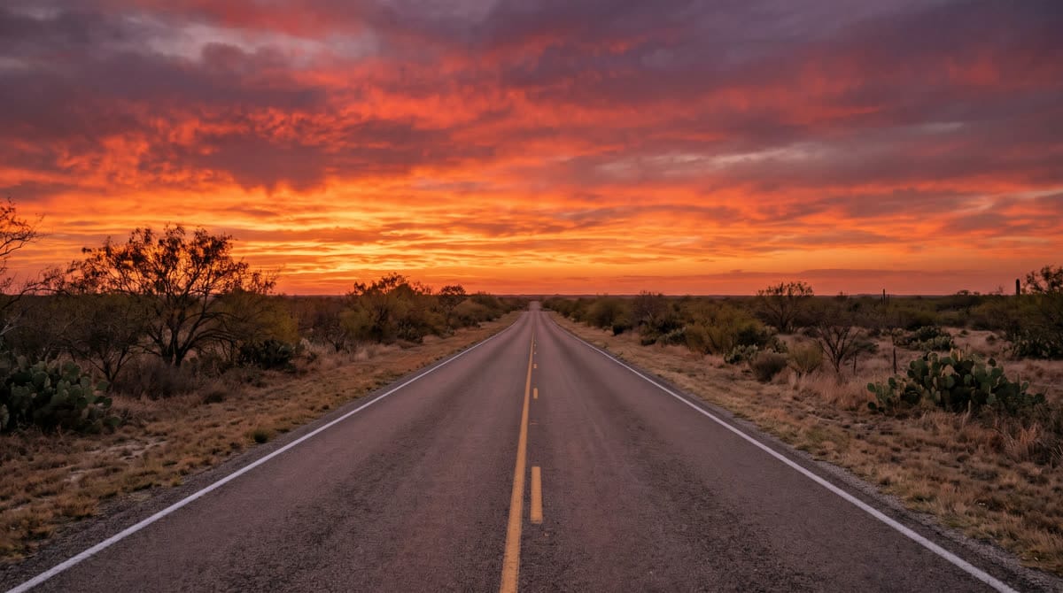 The empty stretch of US-83 highway near Catarina, Texas at dusk