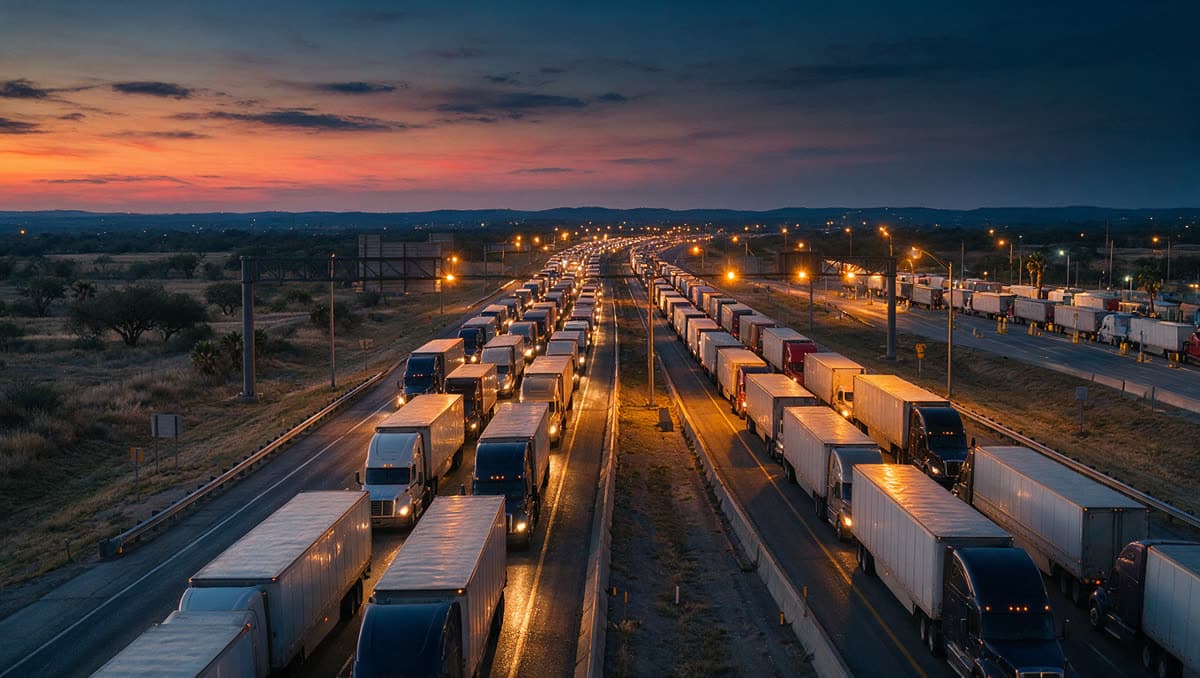 Interstate 35 passing through Dilley, Texas with heavy truck traffic