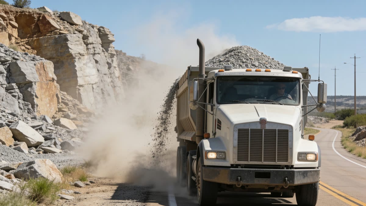 US-90 highway near Knippa, Texas with heavy quarry truck traffic