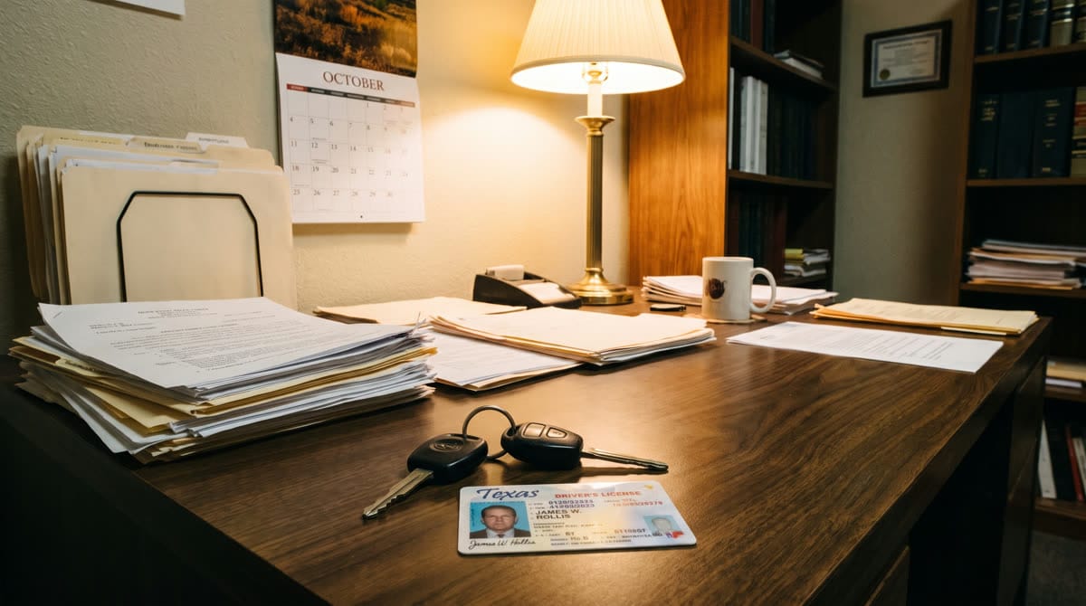 Car keys and a Texas driver license on a lawyer desk beside a calendar and case files / Llaves de carro y una licencia de conducir de Texas sobre un escritorio de abogado, junto a un calendario y expedientes
