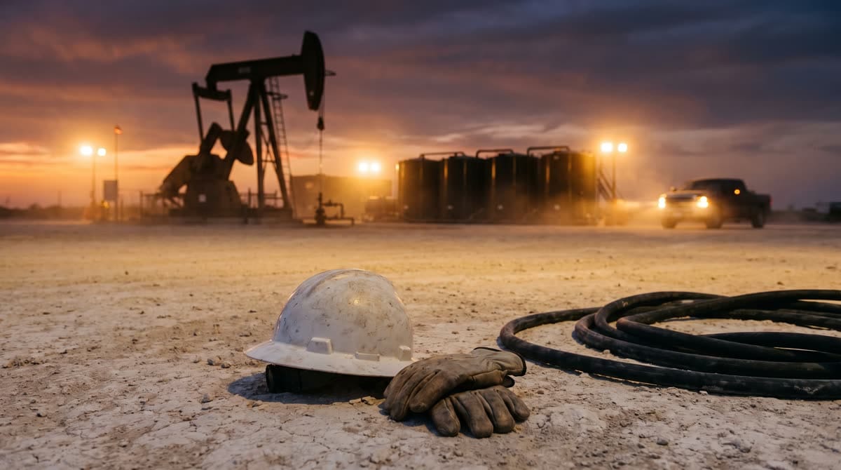 White hard hat and work gloves on the caliche of a South Texas oilfield pad at dusk / Casco blanco y guantes de trabajo sobre el caliche de una locación petrolera del sur de Texas al atardecer