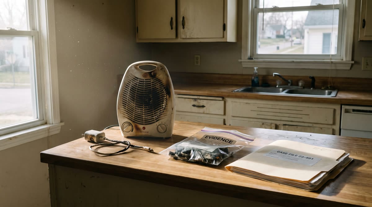 Damaged space heater and melted cord on a kitchen counter next to an evidence bag and a case file / Calentador eléctrico dañado y cable derretido sobre una barra de cocina, junto a una bolsa de evidencia y un expediente